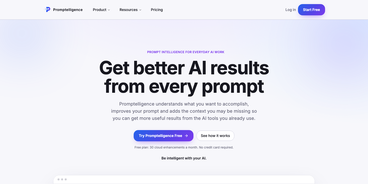 Promptelligence public website home page showing the headline Get better AI results from every prompt, with a free plan and sign-up.