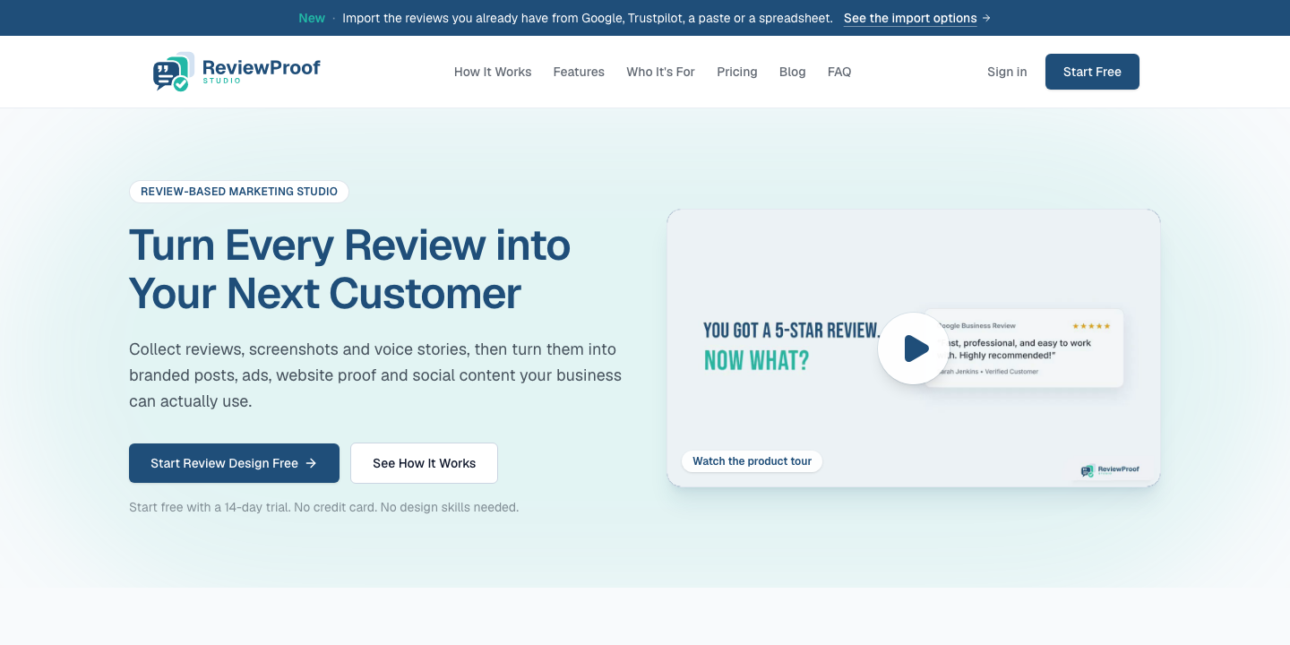 ReviewProof Studio public website home page showing the headline Turn Every Review into Your Next Customer, with a product tour and free trial.